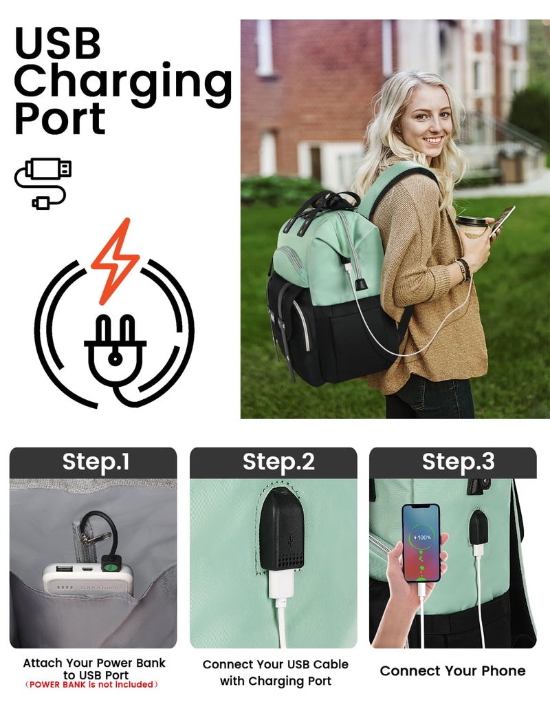 FALANKO Laptop Backpack for Women College Work Teacher backpack for 15.6 Inch laptop with USB Charging Port Travel Anti Theft Laptops Backpack RFID Anti Theft  Shoulder Purse Bags Green Black - Image 3